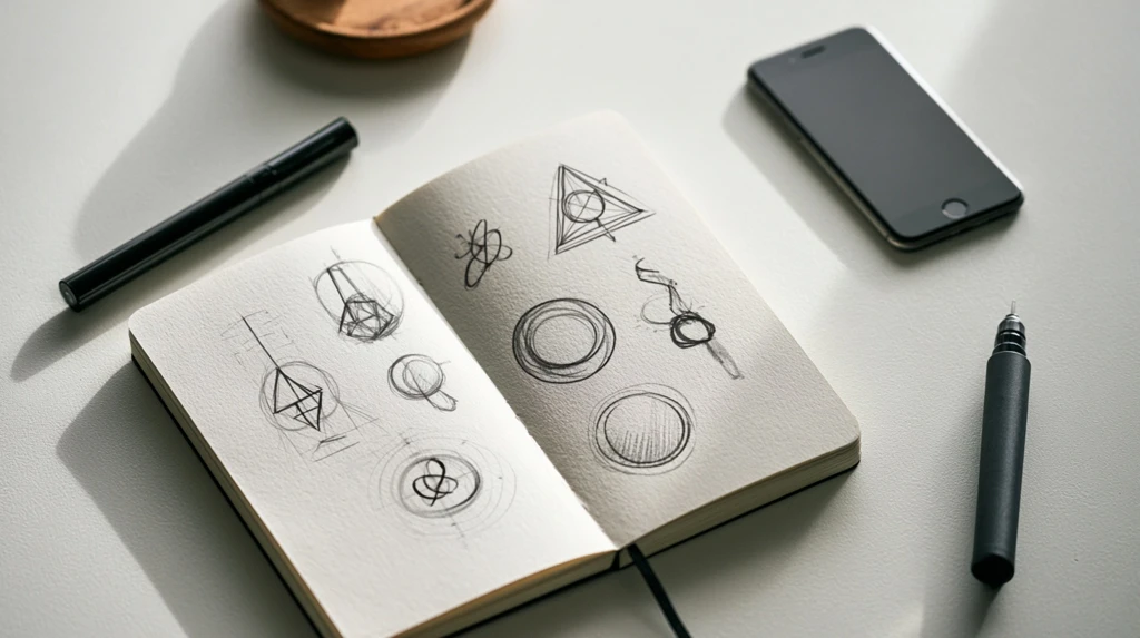 Logo sketches aur phone - visual identity